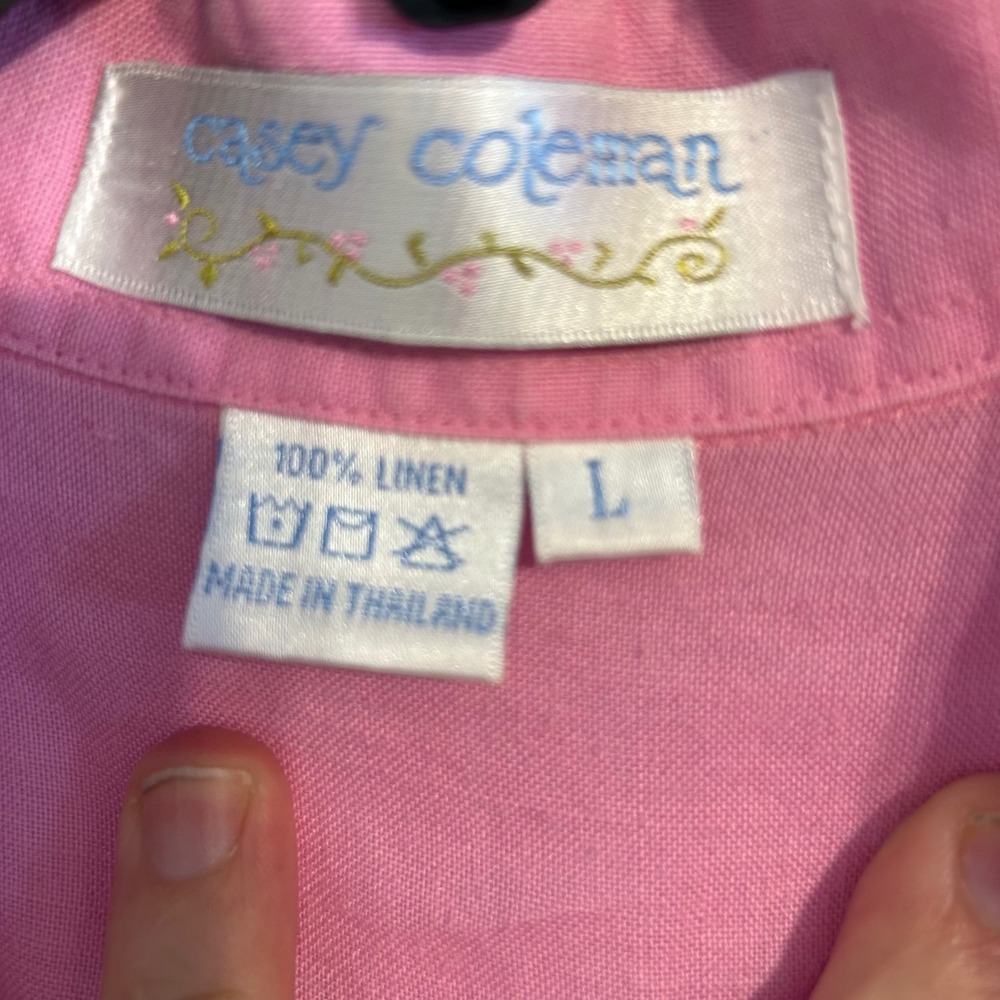 Casey Coleman Pink 100% Linen Embroidered Daisy Button Up Shirt Womens Large - Picture 7 of 11